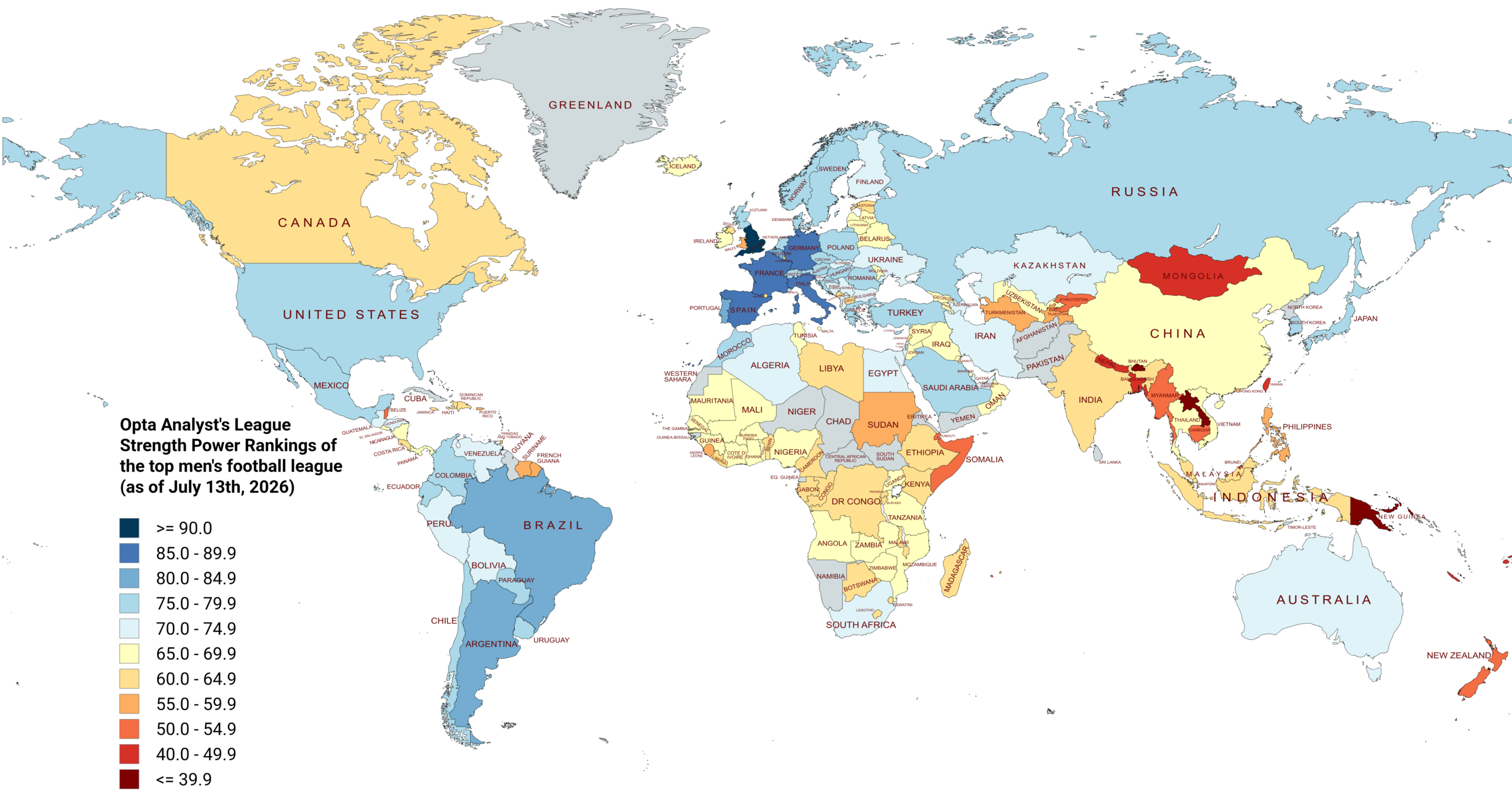 "League Strength" of the top divisions of men's football around the world